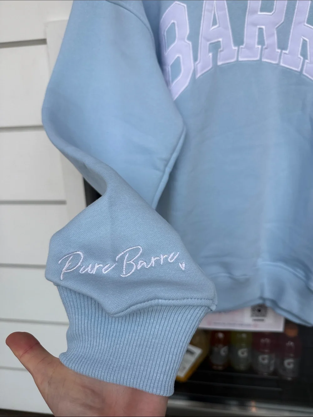 Pure Barre Light Blue Cowl-Neck Sweatshirt with White Appliqué